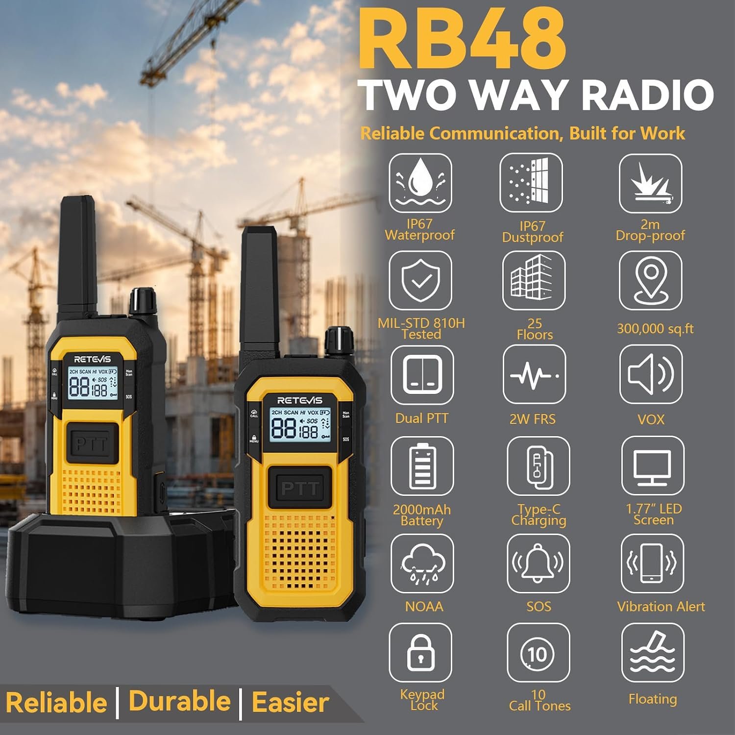 1793032775 Retevis RB48 Military Standard IP67 Waterproof Walkie Talkies Long Range