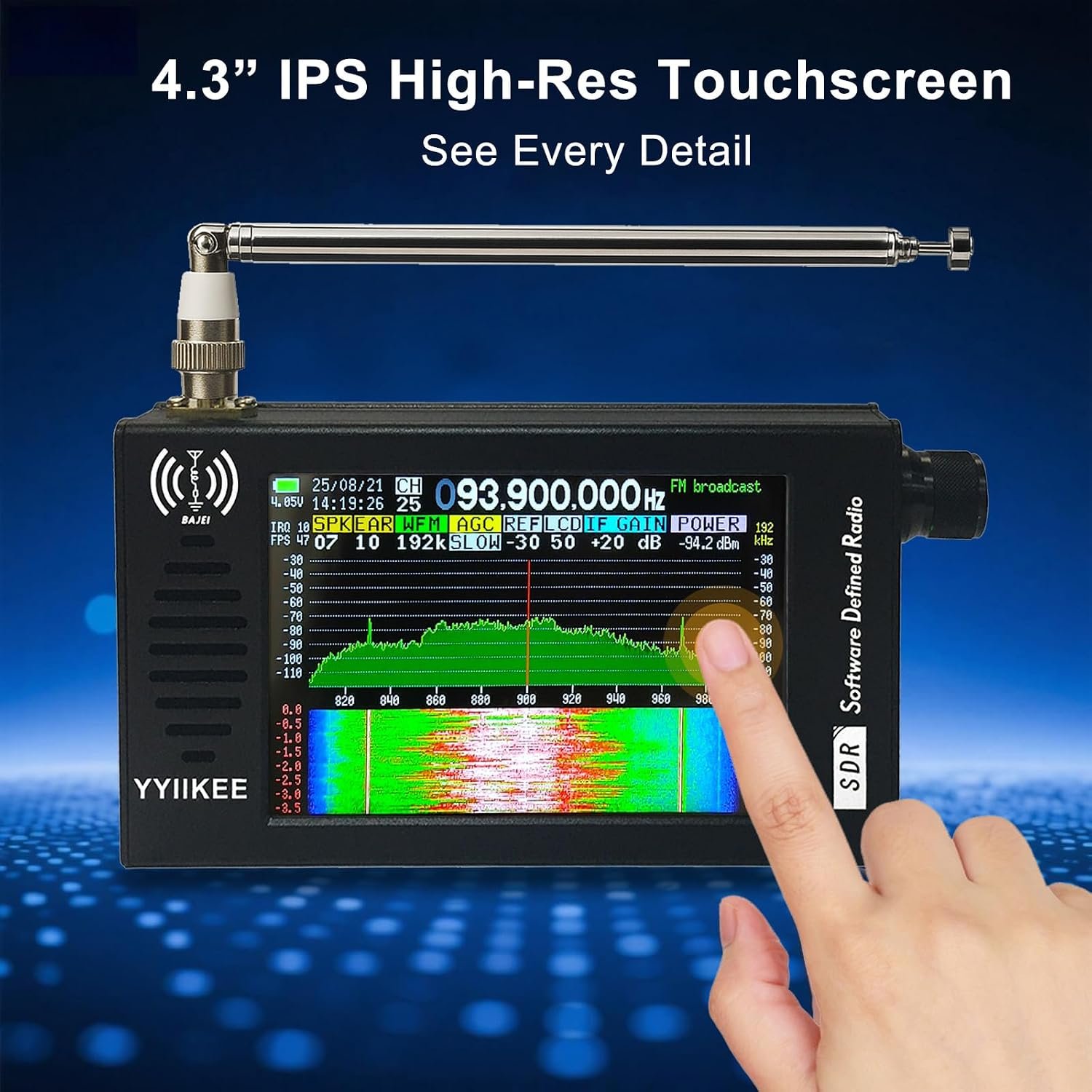 1793041548 Portable SDR DSP Radio Receiver – 4 3 Touchscreen 100KHz 149MHz Full Band Shortwave FM MW SSB CW HAM 192kHz Spectrum Waterfall Display CNC Aluminum Alloy Case Rechargeable Battery