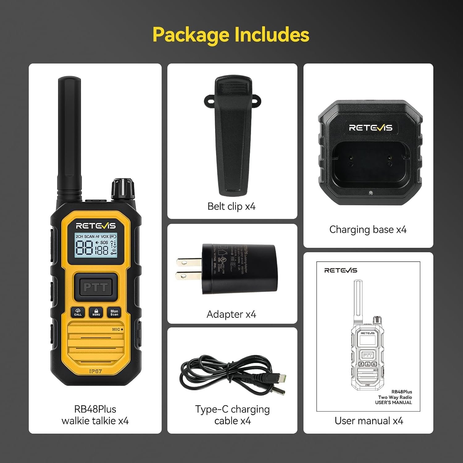 1793045010 Retevis RB48 Plus GMRS Walkie Talkies Long Range for Industrial 4 Pack