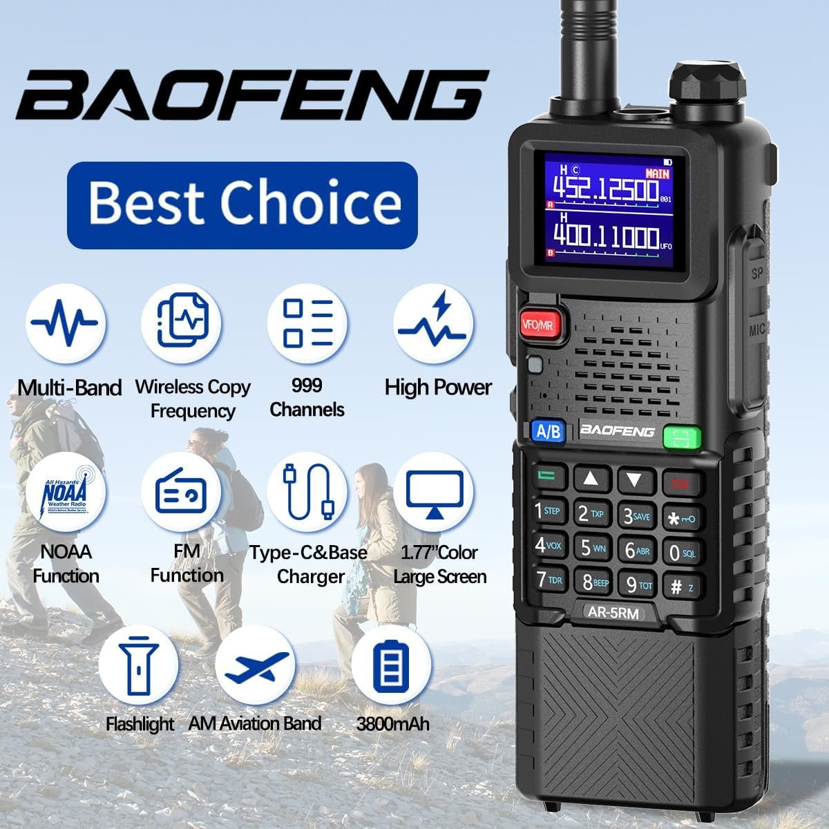 Baofeng Radio Ham Radio Long Range 5RM 10W Handheld Rechargeable 3800mAh Extended Battery NOAA Emergency Weather Tactical Two Way Radio Walkie Talkies For Adults USB C Charger for Survival Gear2 Pack