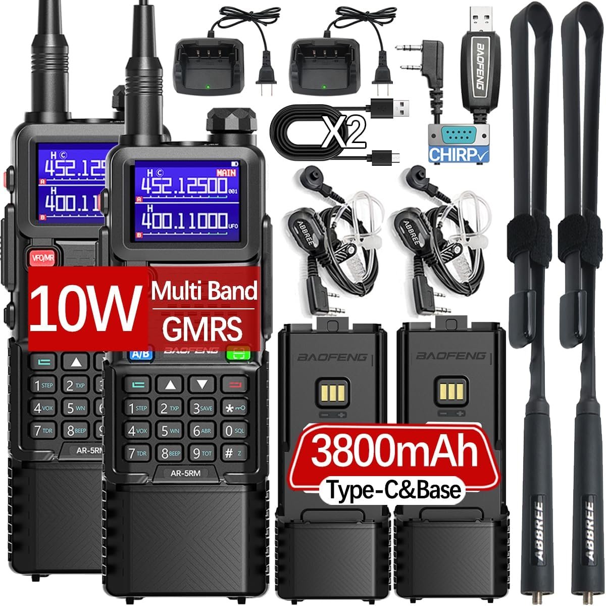 Baofeng Radio Ham Radio Long Range 5RM 10W Handheld Rechargeable 3800mAh Extended Battery NOAA Emergency Weather Tactical Two Way Radio Walkie Talkies For Adults USB-C Charger for Survival Gear,2 Pack